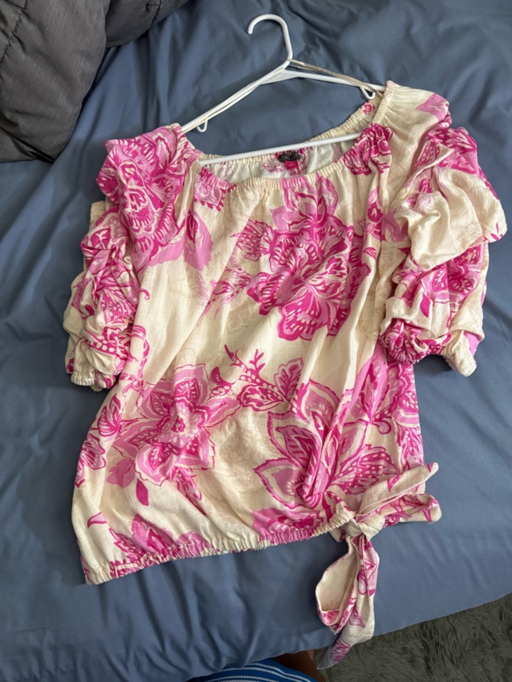 Vince Camuto Cream Blouse with Pink Floral Tie Hem